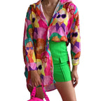 Damen Oversized Bluse mit buntem Grafikdruck