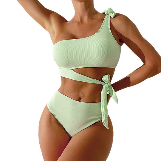 Damen Cut-Out Bikini-Set mit asymmetrischem Oberteil und modischen Bindebändern R&B