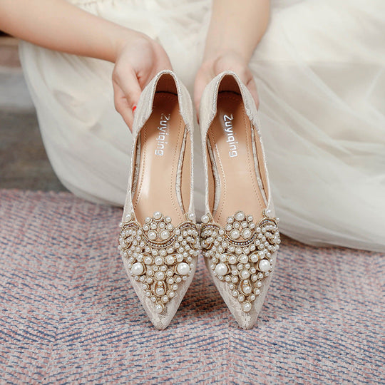 R&B | Elegante Braut Ballerinas mit Spitze und Kunstperlen