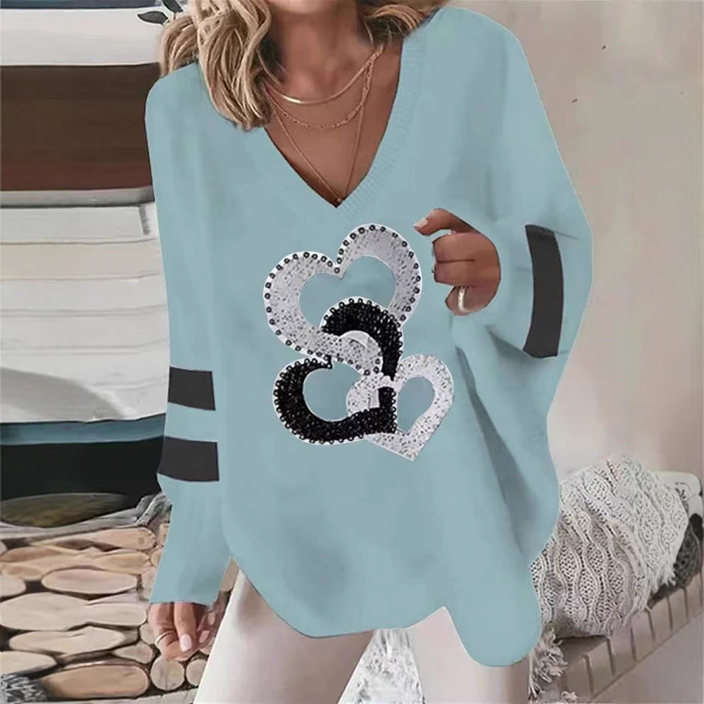 Damen nan übergroßer Strickpullover mit tiefem Ausschnitt Paillettenherz und Kontrastarmstreifen R&B