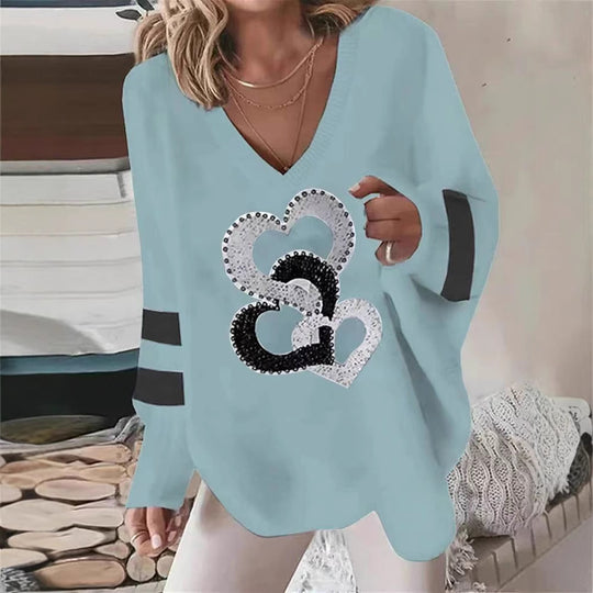 Damen nan übergroßer Strickpullover mit tiefem Ausschnitt Paillettenherz und Kontrastarmstreifen R&B