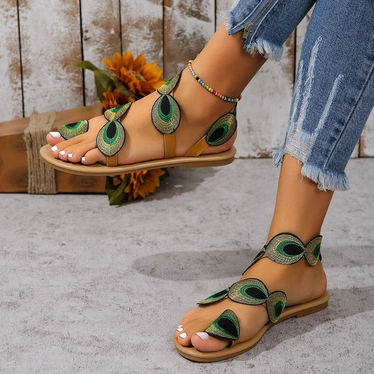 Damen Sandalen mit exzentrischem Design und bunten Federn R&B