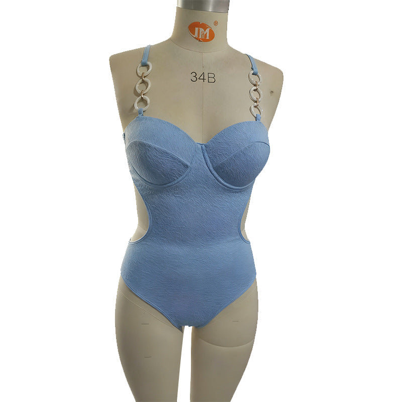 Damen eleganter Badeanzug mit strukturierter Oberfläche und praktischer Schleife R&B