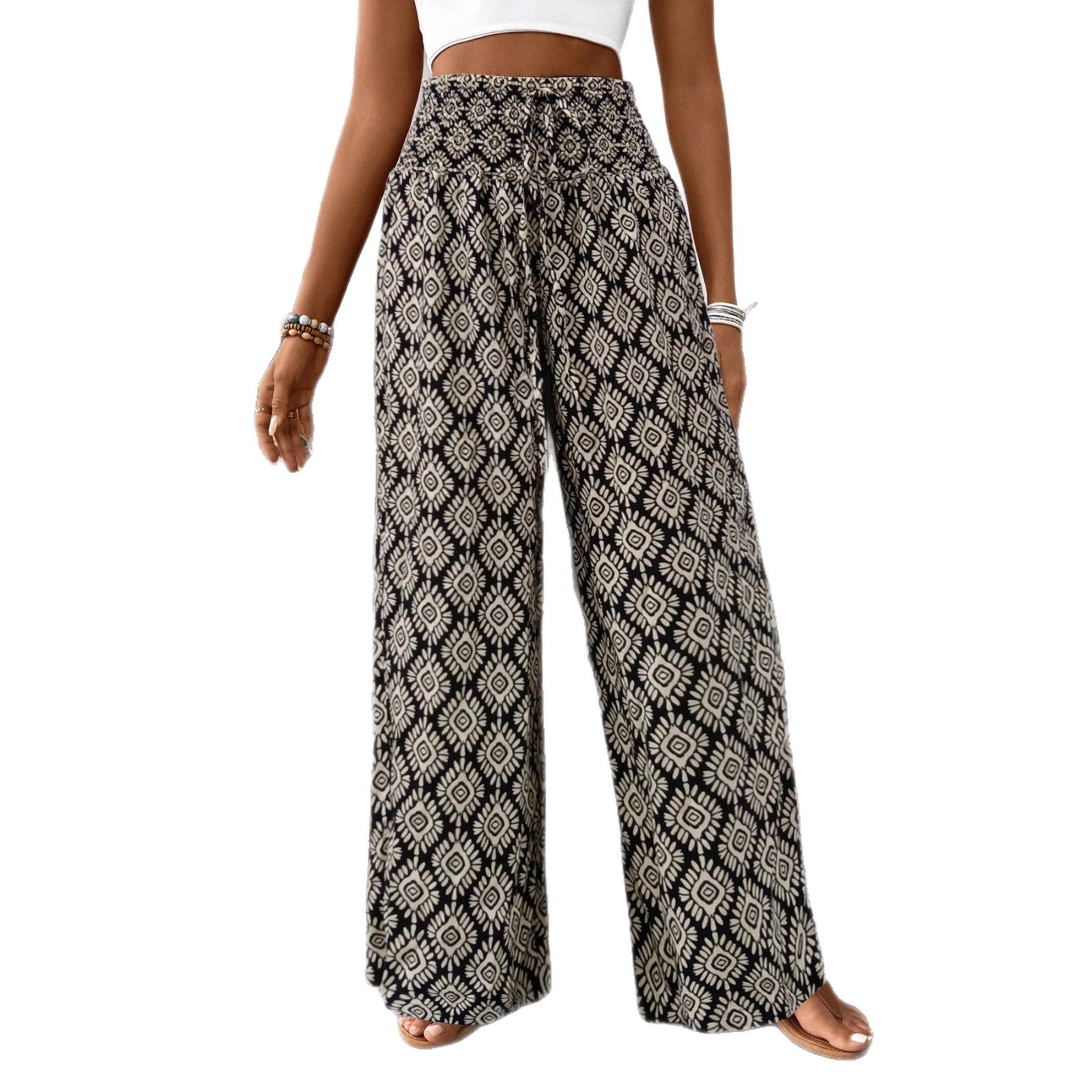 Damen Weitgeschnittene Palazzohose mit elastischem Bund und verspieltem Muster R&B