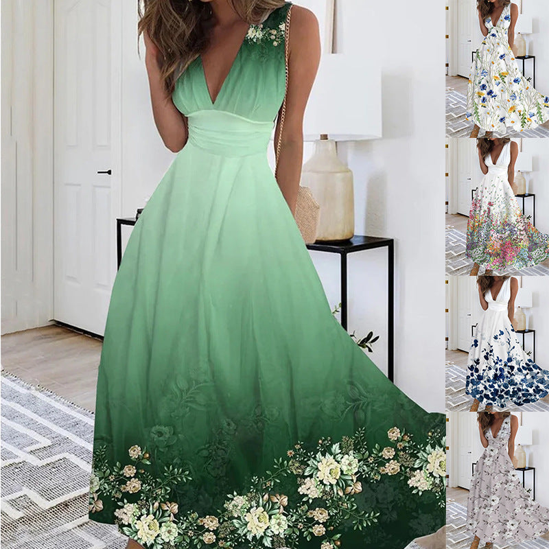 Damen Maxikleid mit tiefem V-Ausschnitt und floralem Wasserfarben-Muster R&B