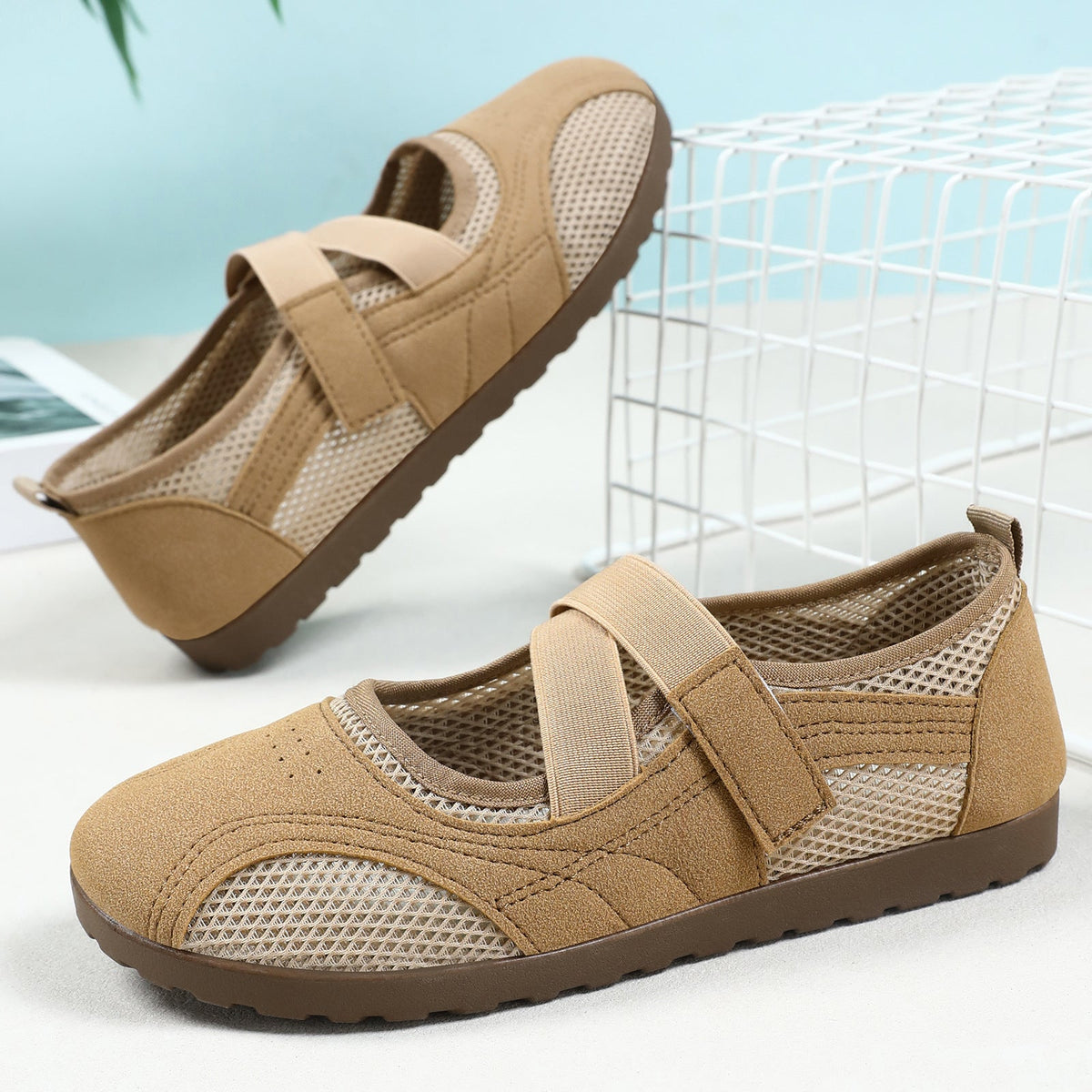 Damen nan atmungsaktive Mary-Jane-Walking-Halbschuh mit Klettverschluss und verstärkter Profilsohle R&B