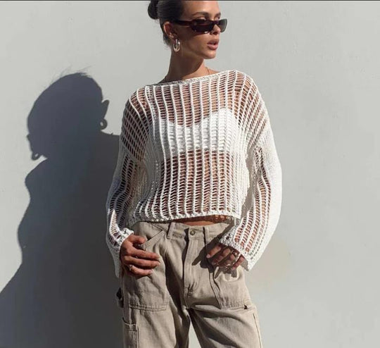 Damen luftiges Cropped Strickoberteil mit weit geschnittenen Ärmeln R&B