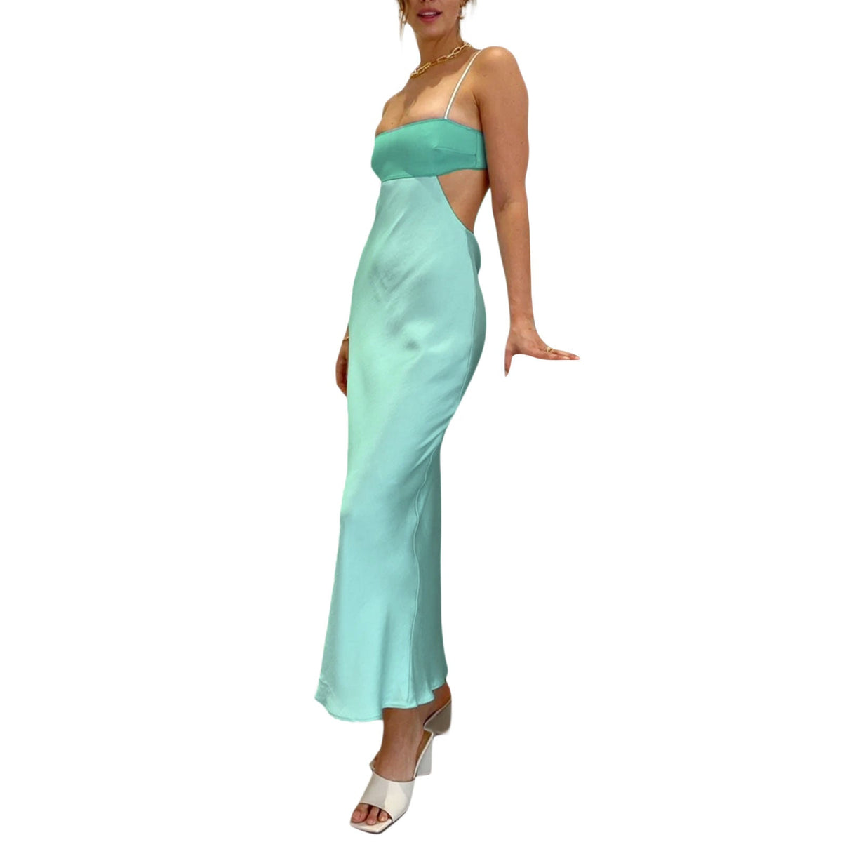 Damen elegantes langes Kleid mit innovativem Cut-Out Design und zarten Spaghettiträgern R&B