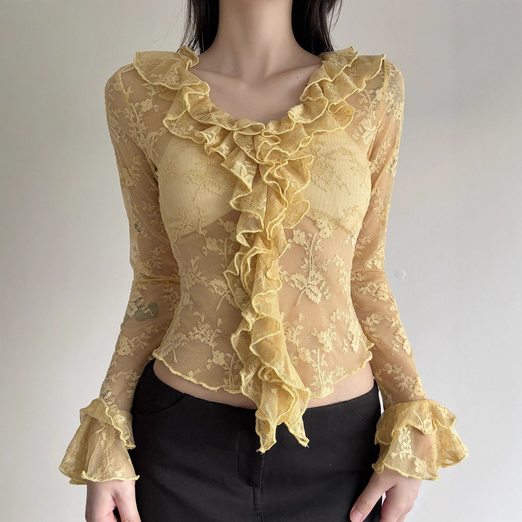 Damen Elegant verziertes Langarmoberteil aus Spitze mit Rüschen R&B