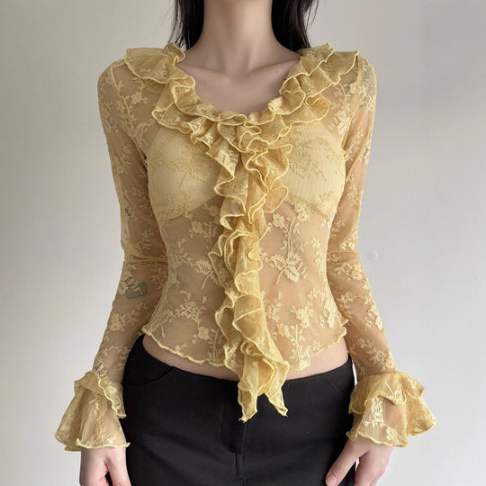 Damen Elegant verziertes Langarmoberteil aus Spitze mit Rüschen R&B