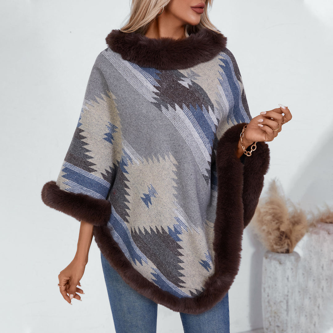Damen Kuschelpullover mit hochwertigem Kunstfellbesatz und geometrischem Muster R&B