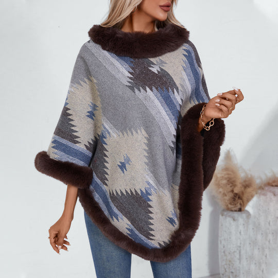 Damen Kuschelpullover mit hochwertigem Kunstfellbesatz und geometrischem Muster R&B
