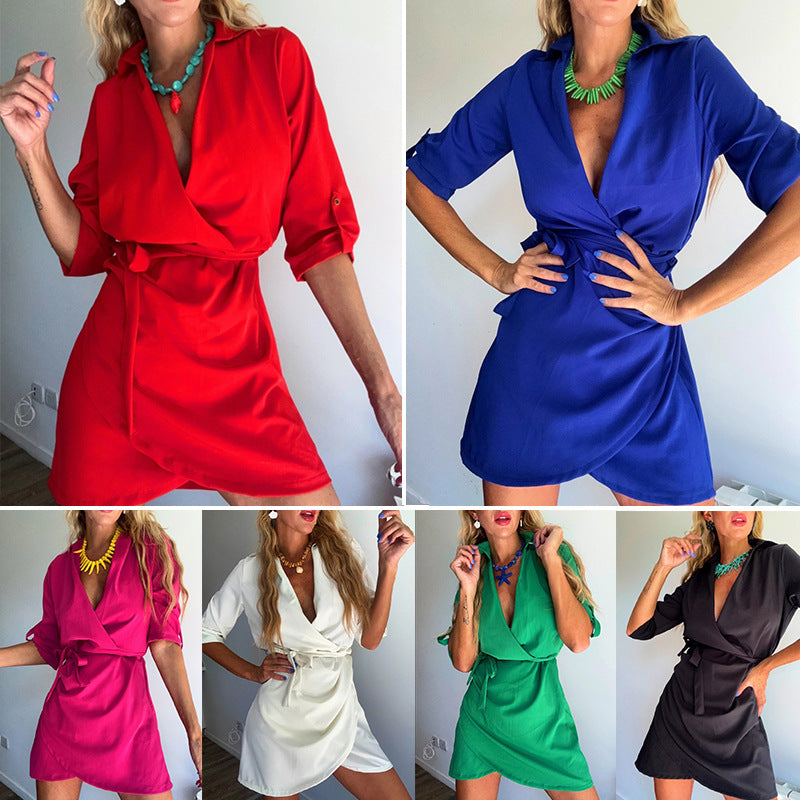 Damen Wickelkleid mit tiefem V-Ausschnitt und Taillengürtel R&B