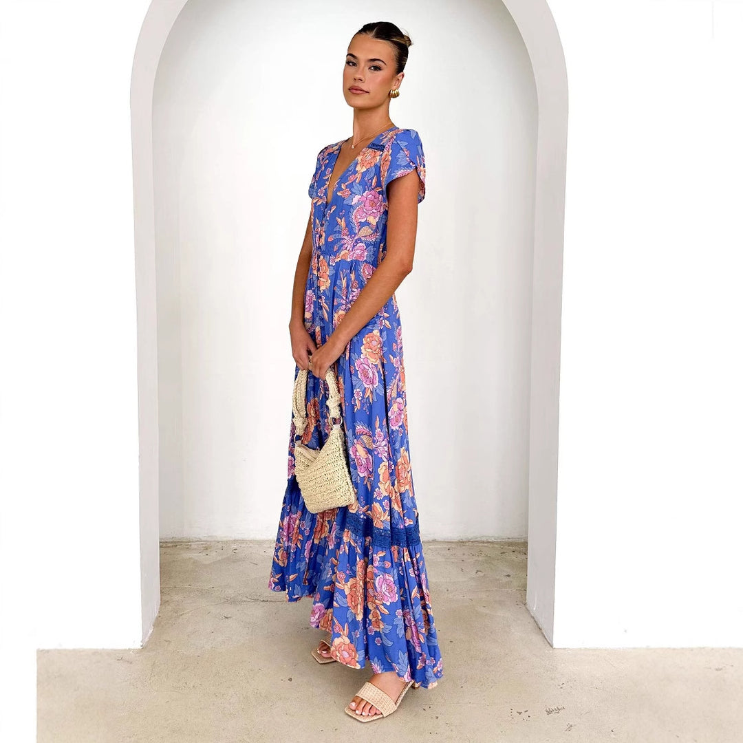 Damen Maxikleid mit elegantem V-Ausschnitt und femininen Rüschendetails R&B