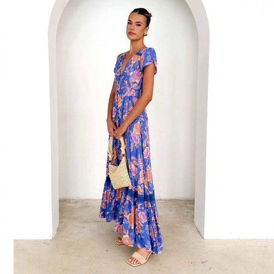 Damen Maxikleid mit elegantem V-Ausschnitt und femininen Rüschendetails R&B