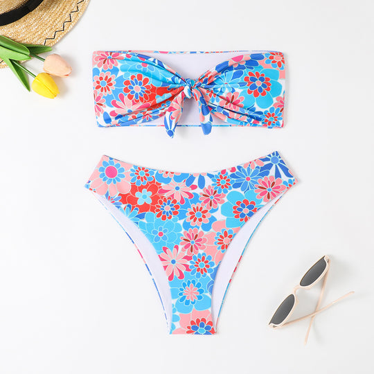 Damen Bandeau Bikini mit modischem Blumenmuster und verspieltem Knotendetail R&B