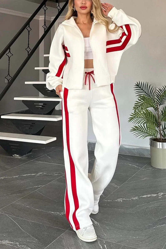 R&B | Gestreifte Zip up Cropped Sweatshirtjacke und Sporthose Zwei Teile Satz