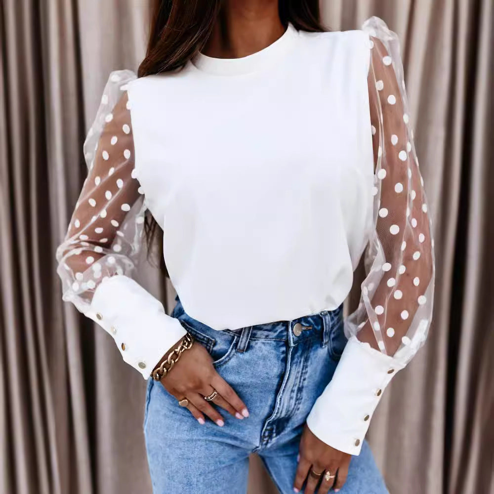 Damen Bluse mit transparenten Puffärmeln und Punktmuster R&B