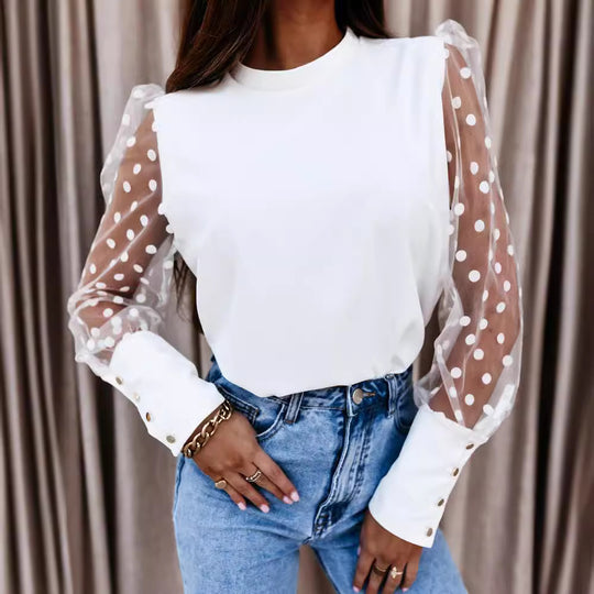 Damen Bluse mit transparenten Puffärmeln und Punktmuster R&B