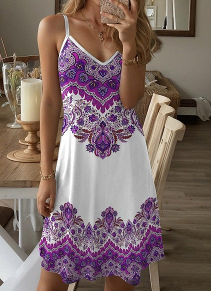 Damen Spaghetti-Träger Kleid mit stilvollem Paisleymuster und A-Linien Schnitt R&B