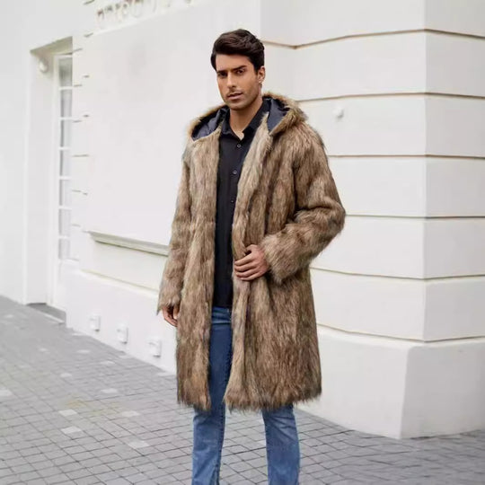 Herren Luxuriöser Kunstfellmantel mit Kapuze R&B