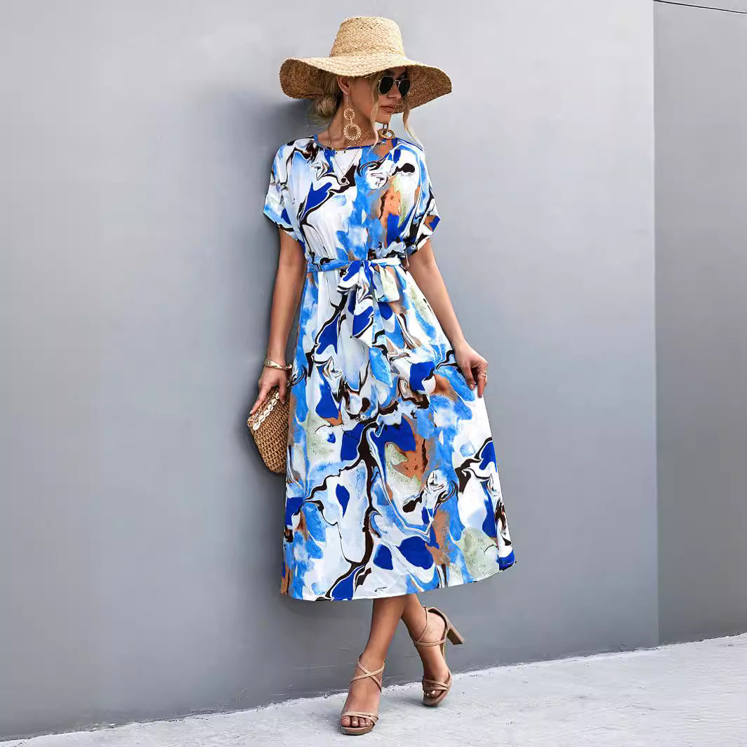Damen Maxi-Kleid mit fließendem Schnitt und bindbarem Taillengürtel R&B