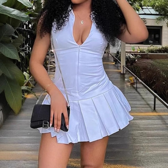 Damen Minikleid mit voluminösem Rock und tiefem V-Ausschnitt R&B