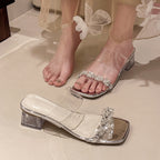 Damen moderne Sandalen mit transparenten Riemen und funkelndem Schmuckdetail EB
