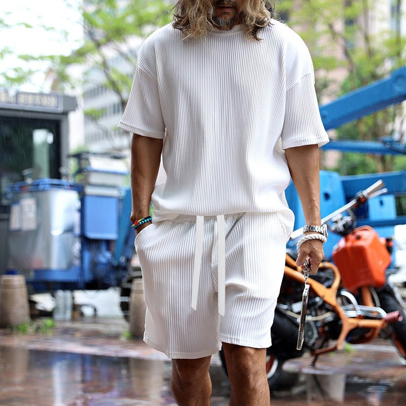 Herren nan lässiges Waffeljersey-Set mit weitem Oberteil und Tunnelzug-Shorts R&B