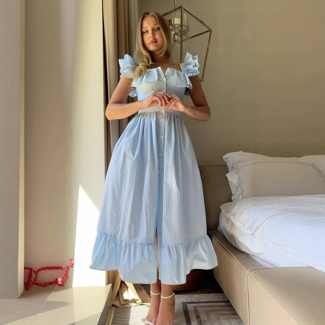 Damen Rüschensommerkleid mit Knopfdetails und weitem Rock R&B