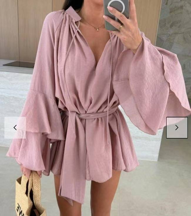 Damen lässiges Kaftan-Kleid mit voluminösen Ärmeln und Taillengürtel R&B