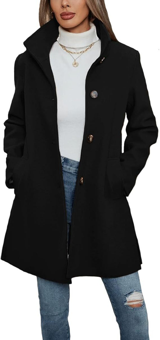 Damen Eleganter Wollmantel mit Hochgeschlossenem Kragen und Praktischen Taschen R&B