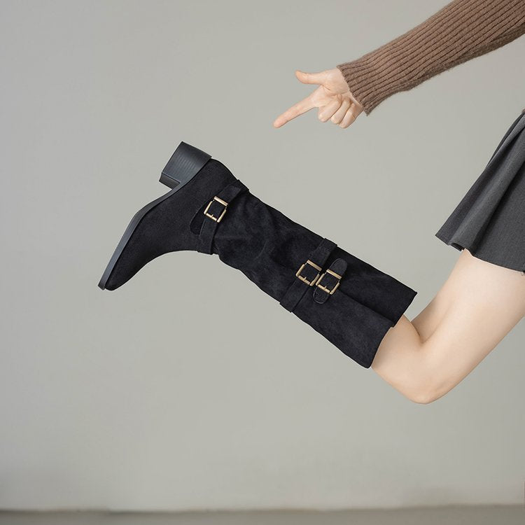 Damen Overknee Stiefel mit modischen Schnallen R&B