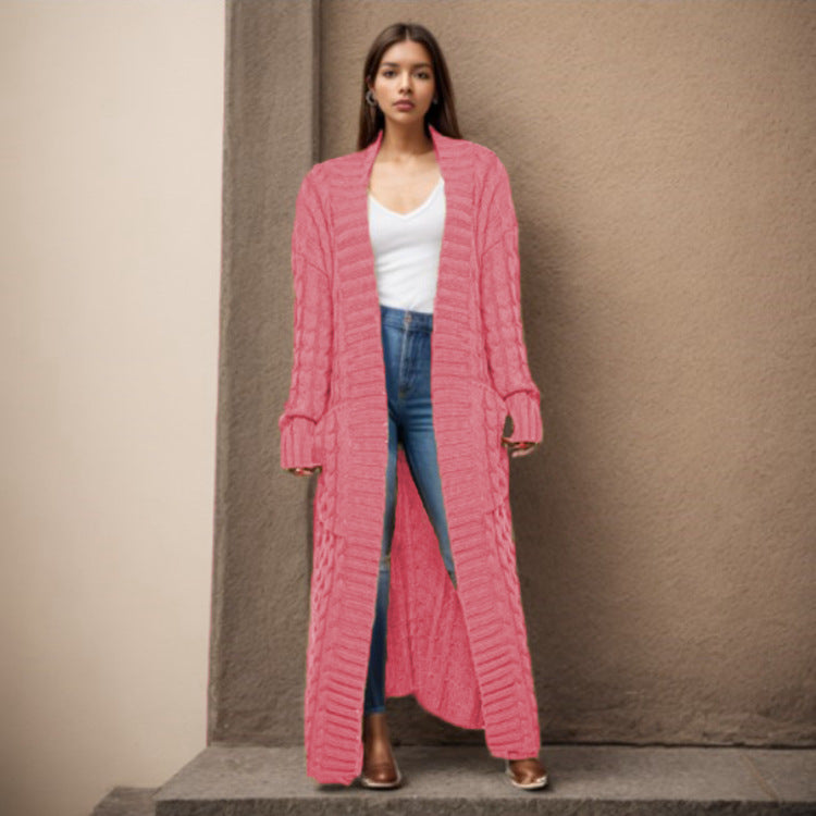 Damen Langer Strickcardigan mit raffiniertem Zopfdesign und praktischen Taschen R&B