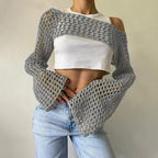 Damen gehäkeltes Langarm-Top mit Off-Shoulder-Design R&B