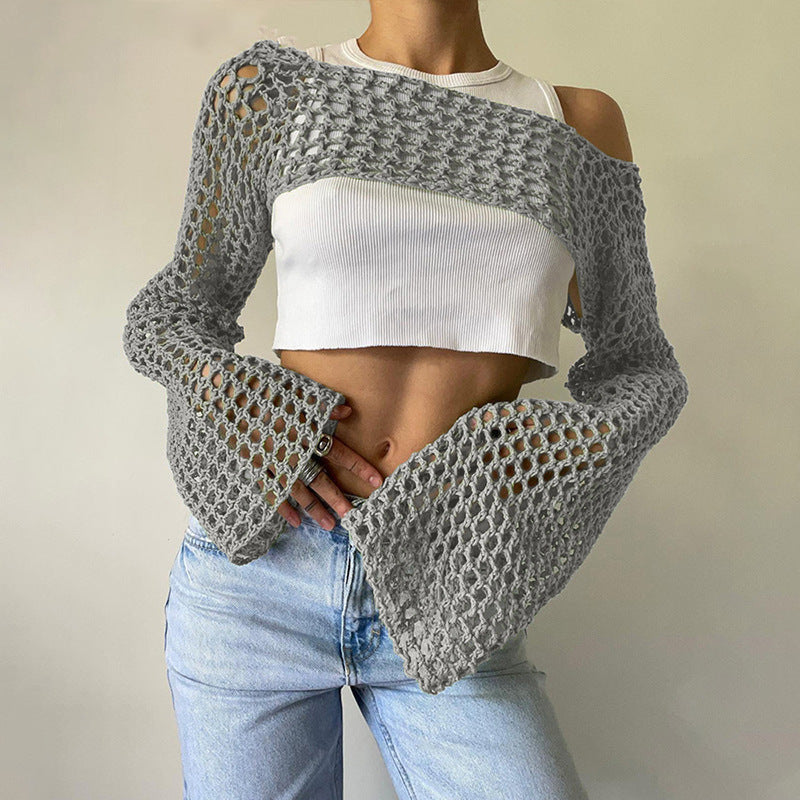 Damen gehäkeltes Langarm-Top mit Off-Shoulder-Design R&B