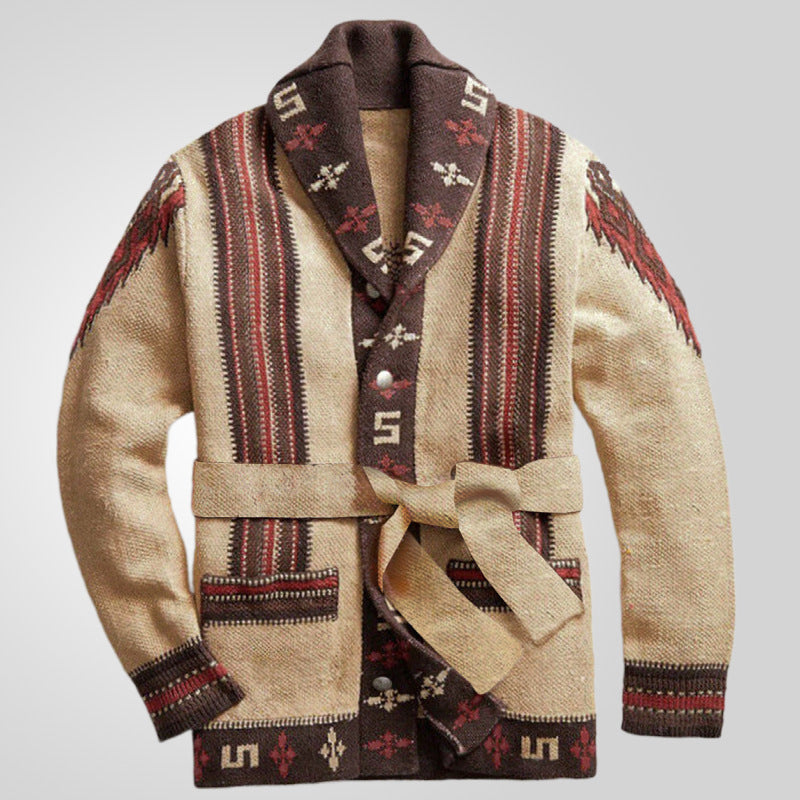 Damen Strickjacke mit kunstvollem Muster und exklusivem Gürtel R&B