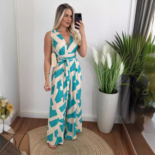 Damen Jumpsuit mit tiefem V-Ausschnitt und eleganter Taille R&B