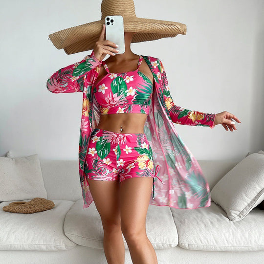 Damen Sport-Bikini-Set mit farbenfrohem Floralprint und lässiger Wickeljacke R&B