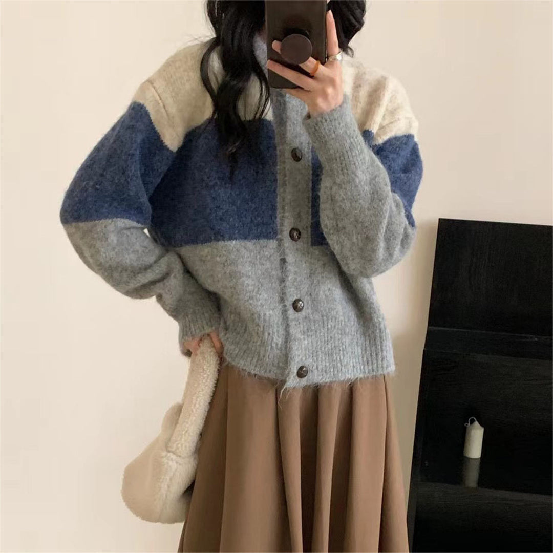 Damen Gemusterte Strickjacke mit Knopfleiste und überschnittenen Schultern R&B