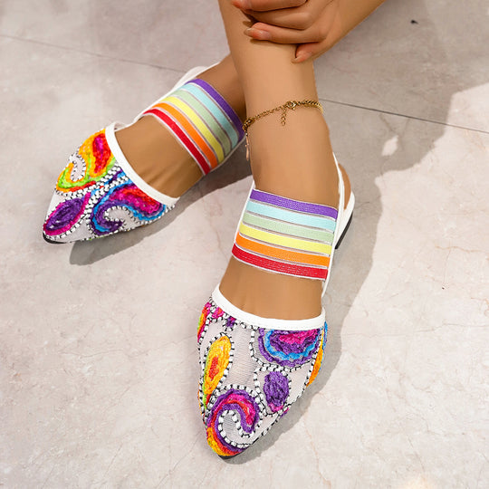 Damen Slipper mit buntem Stickmuster und elastischen Bändern R&B