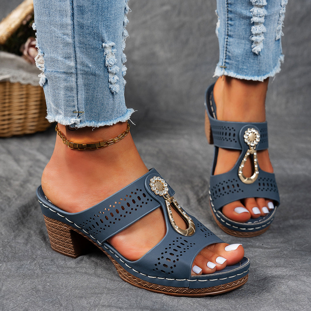 Damen elegante Wedge-Pantoletten mit Dekorativem Schmuckakzent R&B