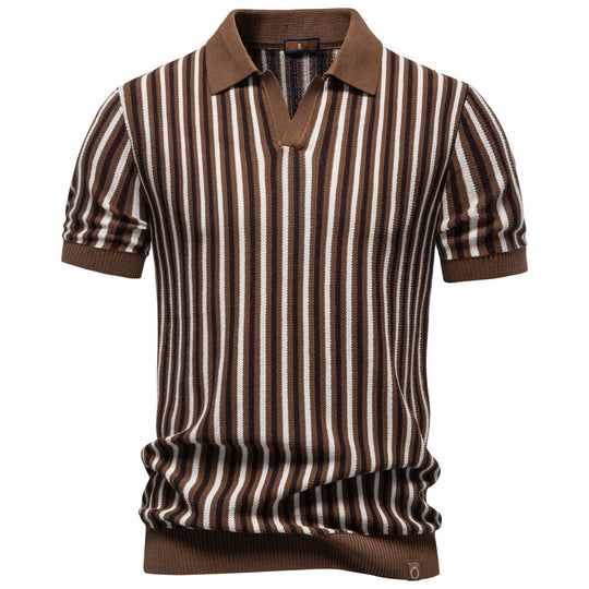 Herren nan gestreiftes Strickpoloshirt kurzarm aus feiner Baumwollmischung mit Polokragen und Rippbündchen R&B