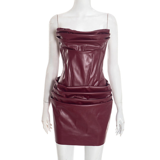 Damen Bodycon Kleid aus hochwertigem Kunstleder mit eleganter Drapierung R&B