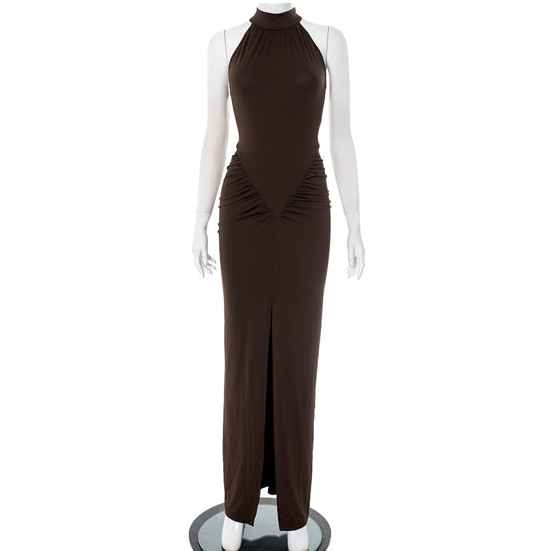 Damen elegantes Maxikleid mit hochgeschlossenem Kragen und raffinierten Raffungselementen R&B
