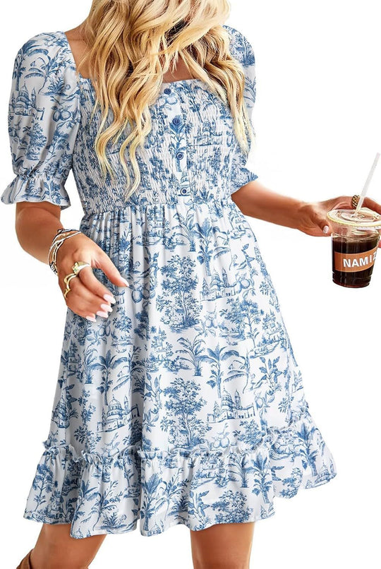 Damen romantisches Sommerkleid mit Puffärmeln und Rüschen R&B