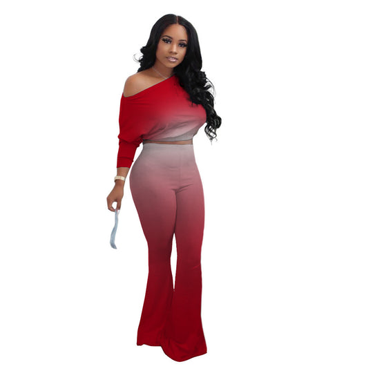 Damen Lässiges Ombre Set mit stilvollem Off-Shoulder Oberteil und figurbetonten Hosen R&B