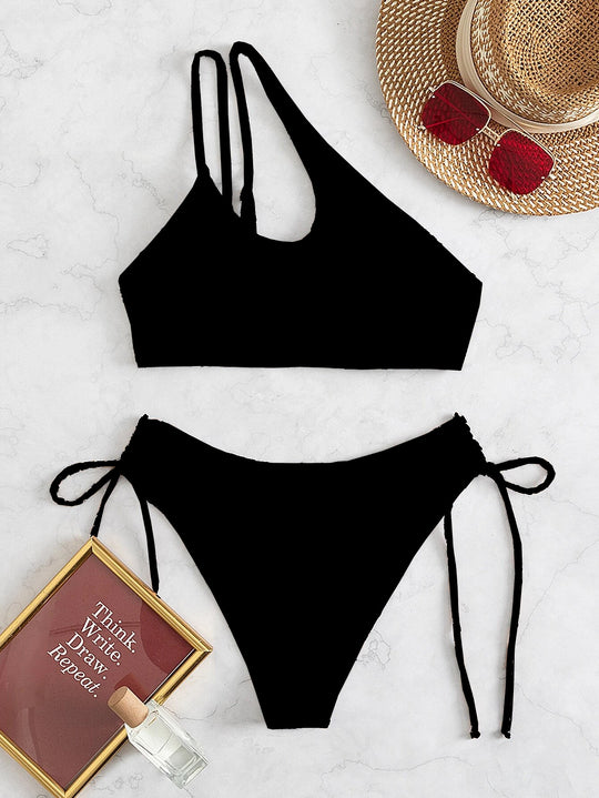 Damen Bikini-Set mit asymmetrischem Oberteil und seitlicher Schnürung R&B