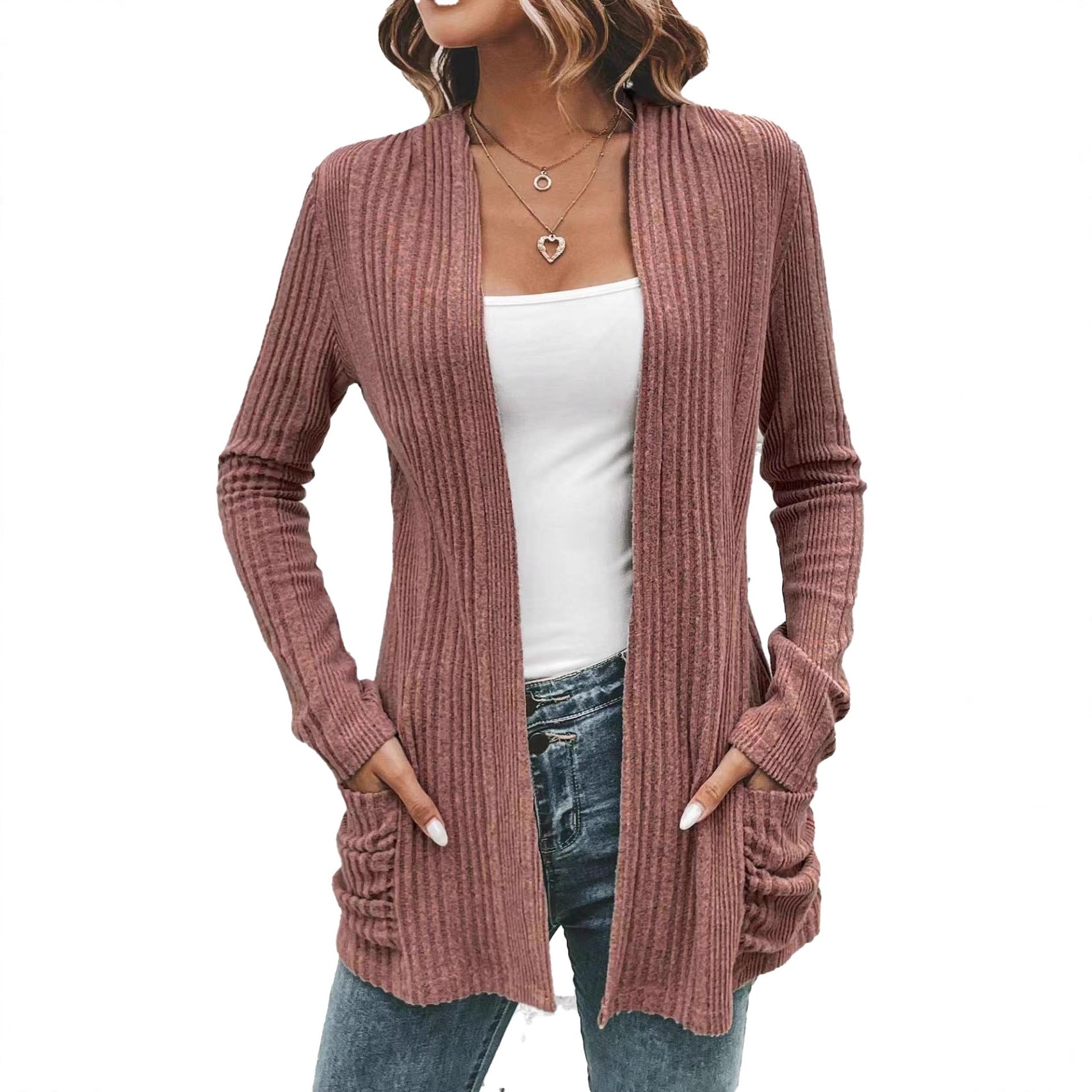 Damen modische Strickjacke mit offenen Front und praktischen Taschen R&B