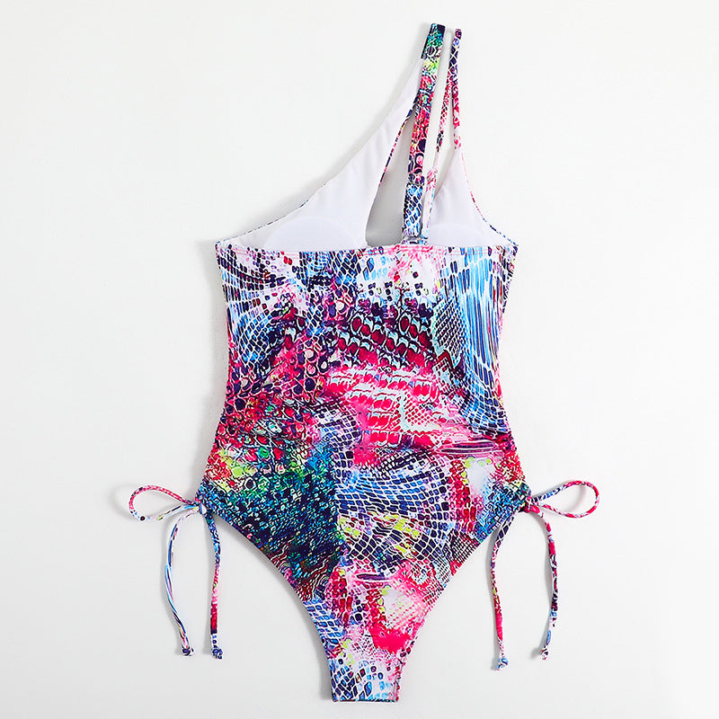 Damen Einteiliger Badeanzug mit aufregendem Schnürdesign und buntem Muster R&B